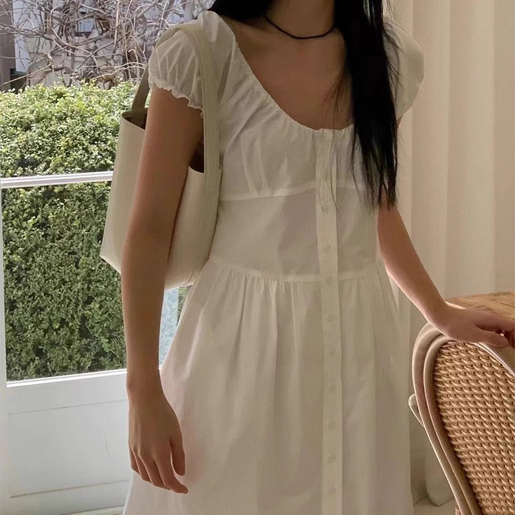 ホワイト  パフスリーブ  プリーツ加工  シャツ  ワンピース  フレンチスタイル ワンピース
