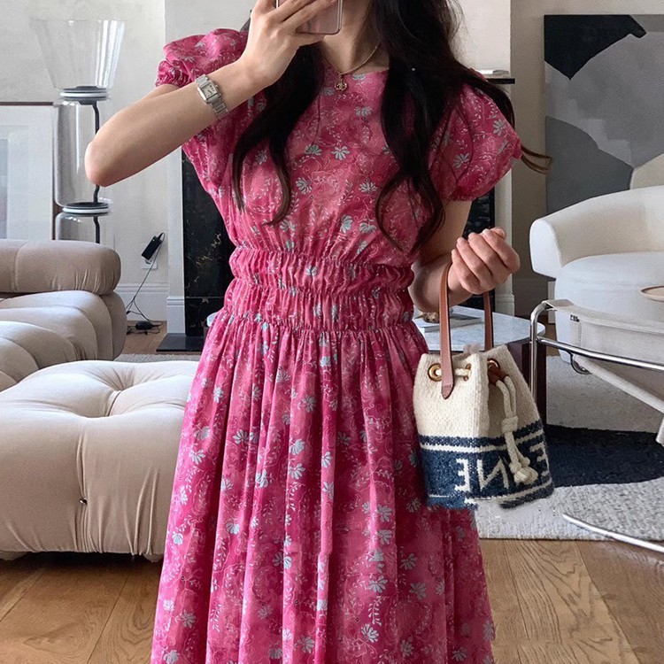 パフスリーブ  プリーツ加工  ワンピース  ロングスカート  レトロ  ワンピース・スカート  花柄