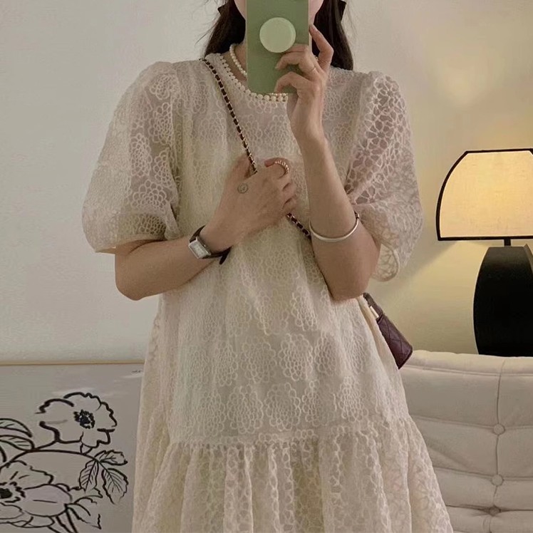 レース刺繍ラウンドネックゆったりパフスリーブワンピース