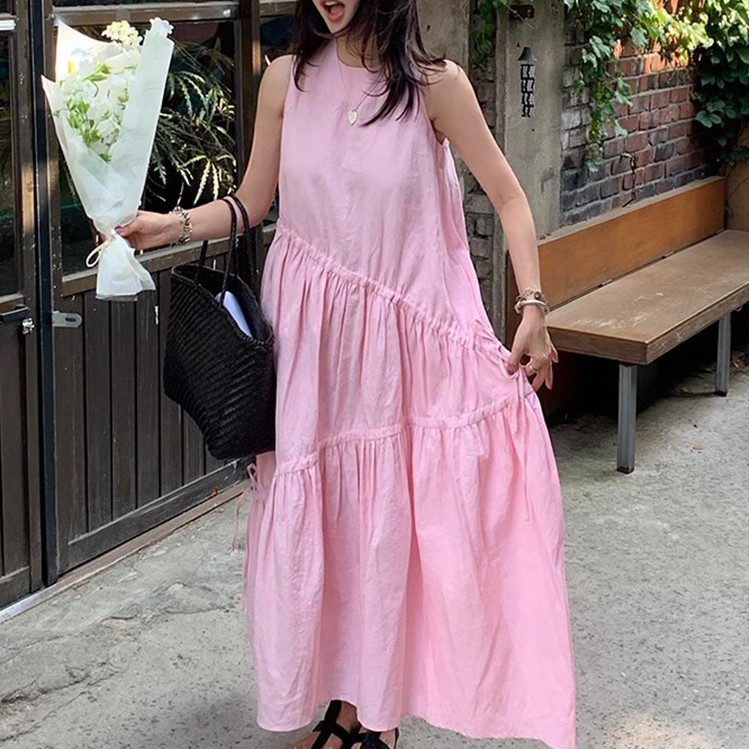 丸首 ゆったり 切替変則プリーツ バックリボンノースリーブワンピース