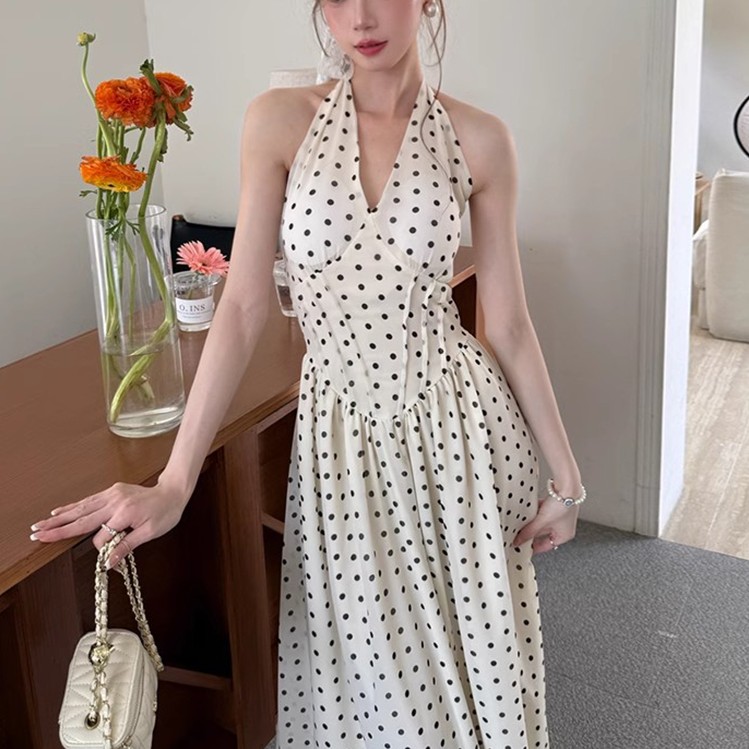 ドット柄ホルターネックワンピース シフォン素材 夏用