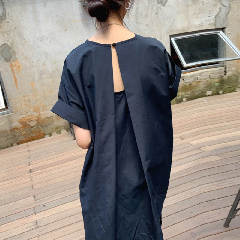 バックオープンドローストリングハイウエストロングTシャツワンピース