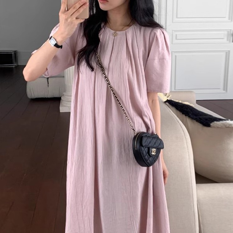 ラウンドネック  パフスリーブ  ゆったり  ワンピース  ガーリー  プリーツ加工  ロングスカート  韓国風