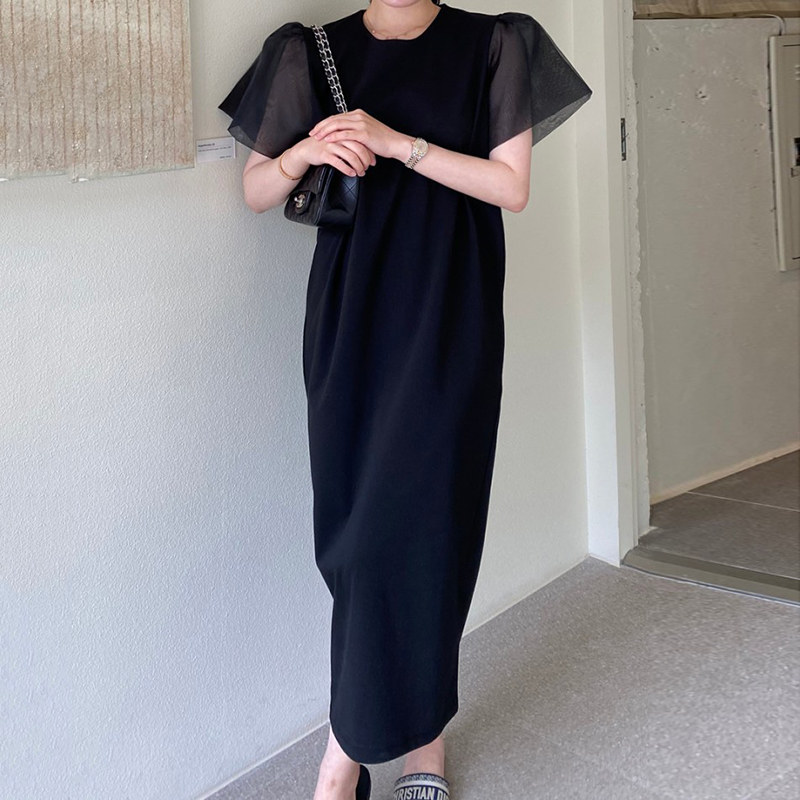 配色デザイン フリルスリーブ ロングワンピース