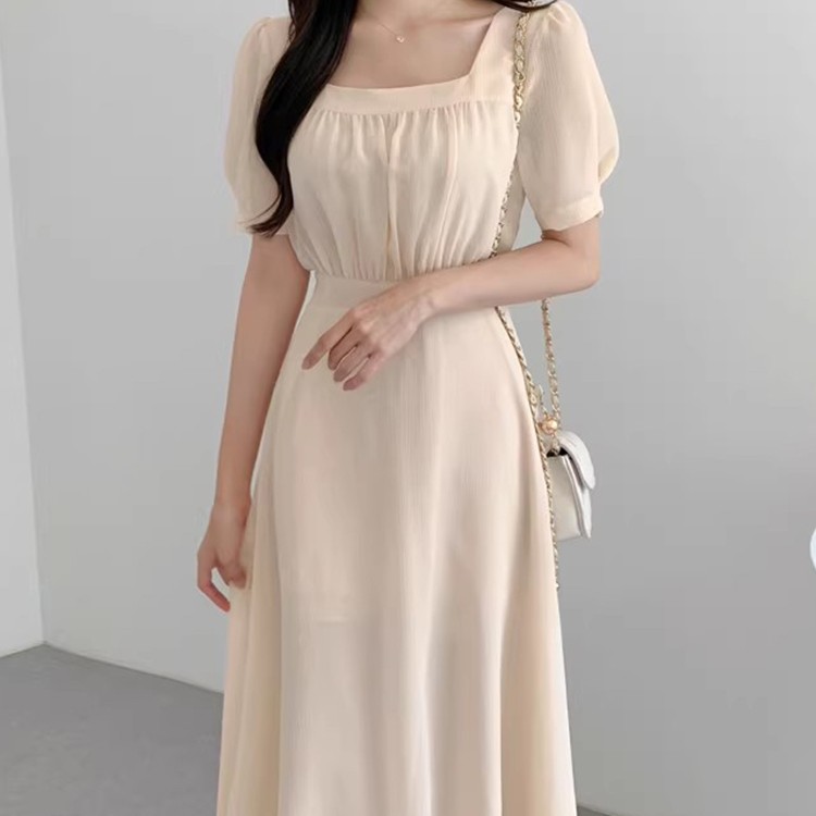 スクエアネック リボン付き パフスリーブ シフォンワンピース