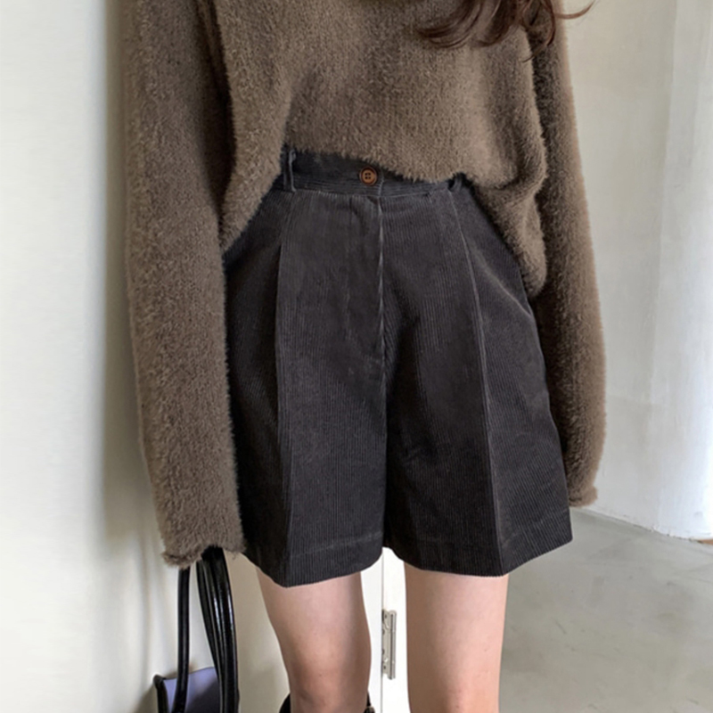 コーデュロイ ワイドショートパンツ ハイウエスト ワンボタン ギャザー ゆったりシルエット