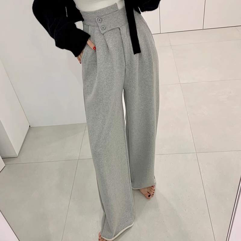ハイウエスト タック入り ボタンデザイン ワイドレッグパンツ