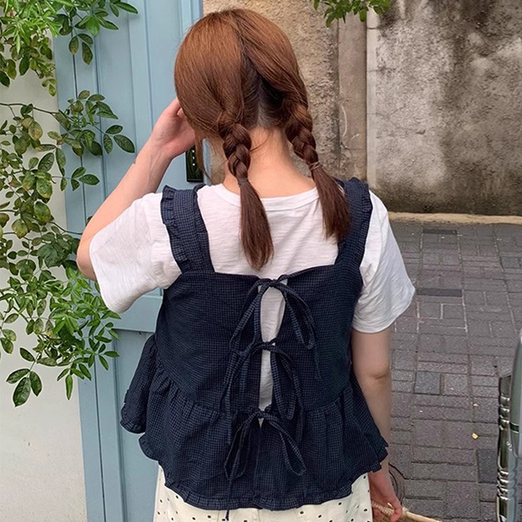 レトロで可愛い バックリボン 蝶結びデザイン チェック柄 ベストシャツ レディース