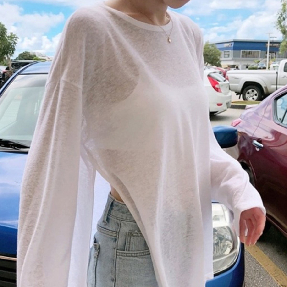 クルーネック透かし編みゆったり薄手長袖Tシャツ／日除けカーディガン