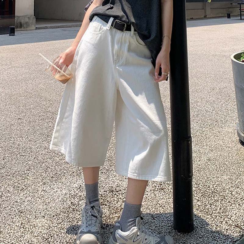 ホワイトストレート7分丈デニムショートパンツ ハイウエスト ゆったり リラックス感ワイド7分パンツ