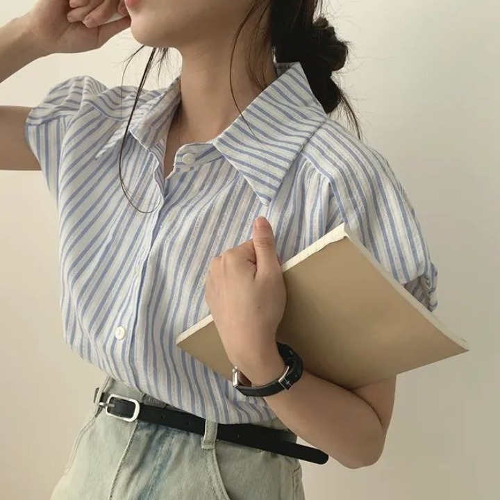 パフスリーブストライプ 半袖シャツ