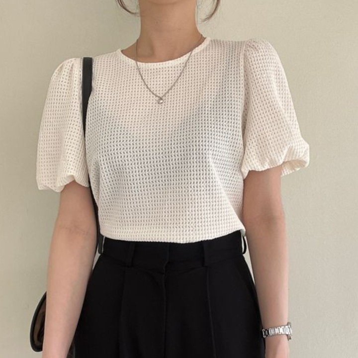 ワッフル編み×透かし編み パフスリーブTシャツ