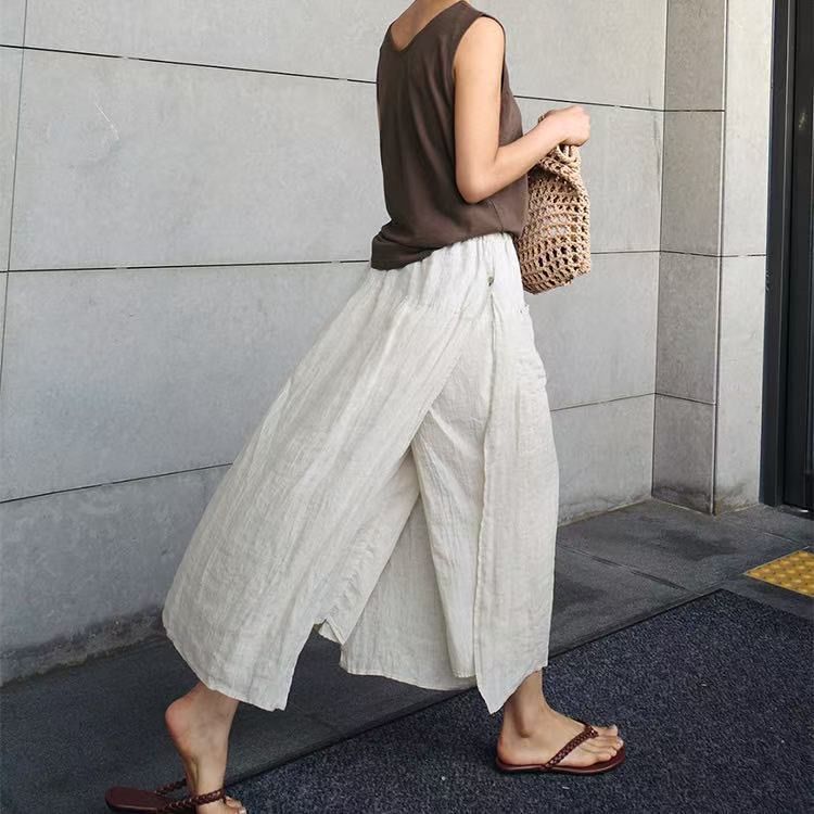 リネン混スリットパンツ付きスカート クロップド丈 パンツスカート