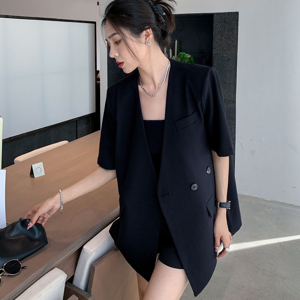 薄手ショートスリーブジャケット ゆったりシルエット ジャケット