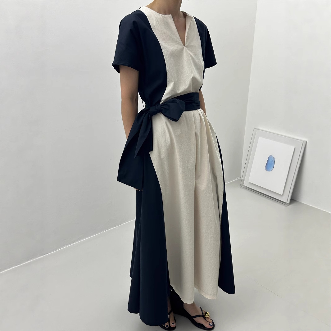 配色Vネック＋ウエストリボンデザインワンピース 2色展開