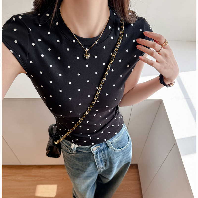 ドット柄クルーネックショルダーフィット半袖Tシャツ コットンインナー