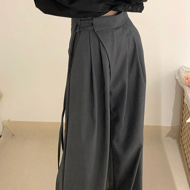 リボン付きスーツパンツ ハイウエストワイドパンツ