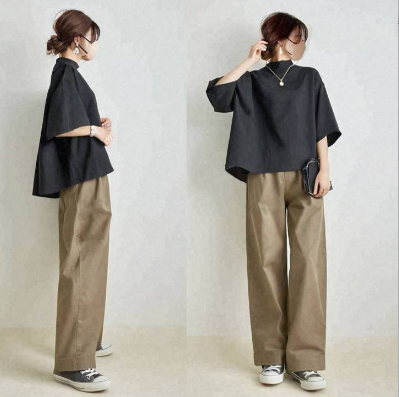 セミスリーブトップス＋ワイドパンツ セットアップ ゆったりスタイル