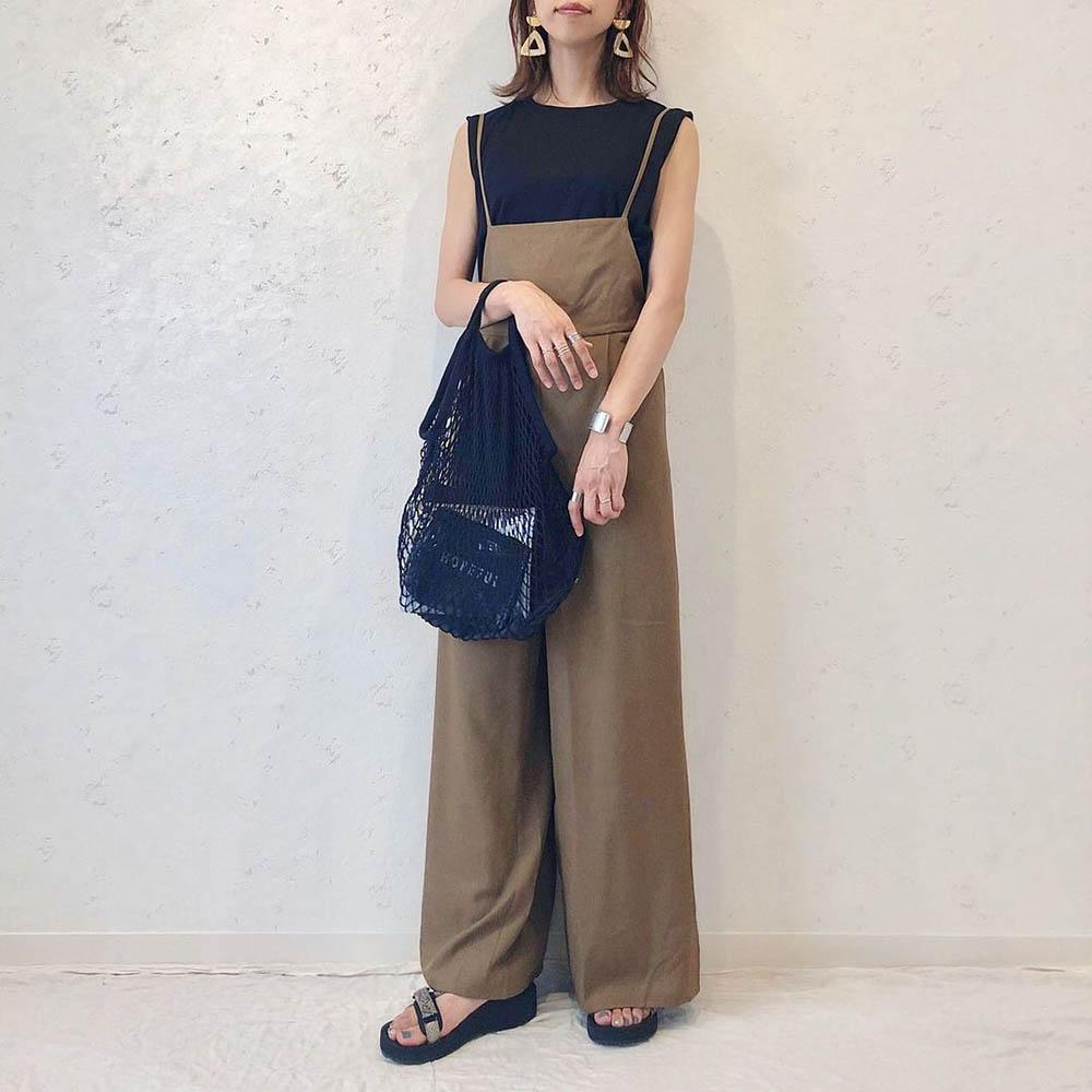 バックリボン ワイドパンツ サロペット 清涼感ある細見えデザイン