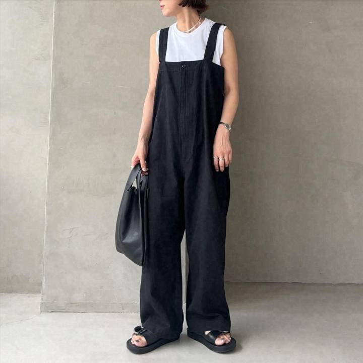 隠しファスナー付き ボタンストレートサロペットパンツ