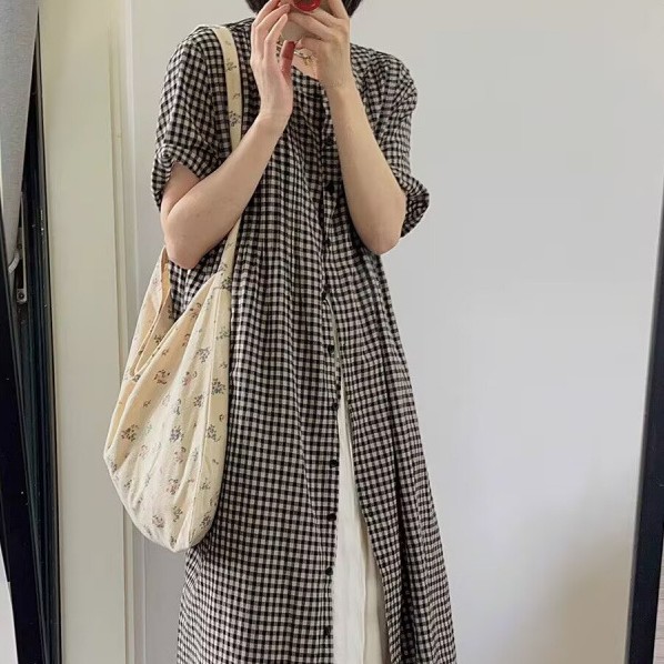 モノトーンチェック柄シャツワンピース ゆる文系スタイル