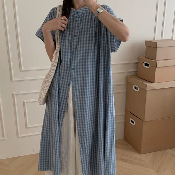 レトロ配色ブルーチェック柄シャツワンピース スタンドカラー ロング丈