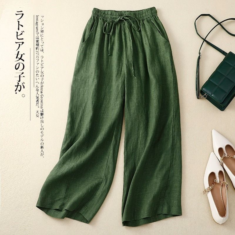コットンリネン素材の九分丈ワイドパンツ ウエストリボン付きリラックスボトムス