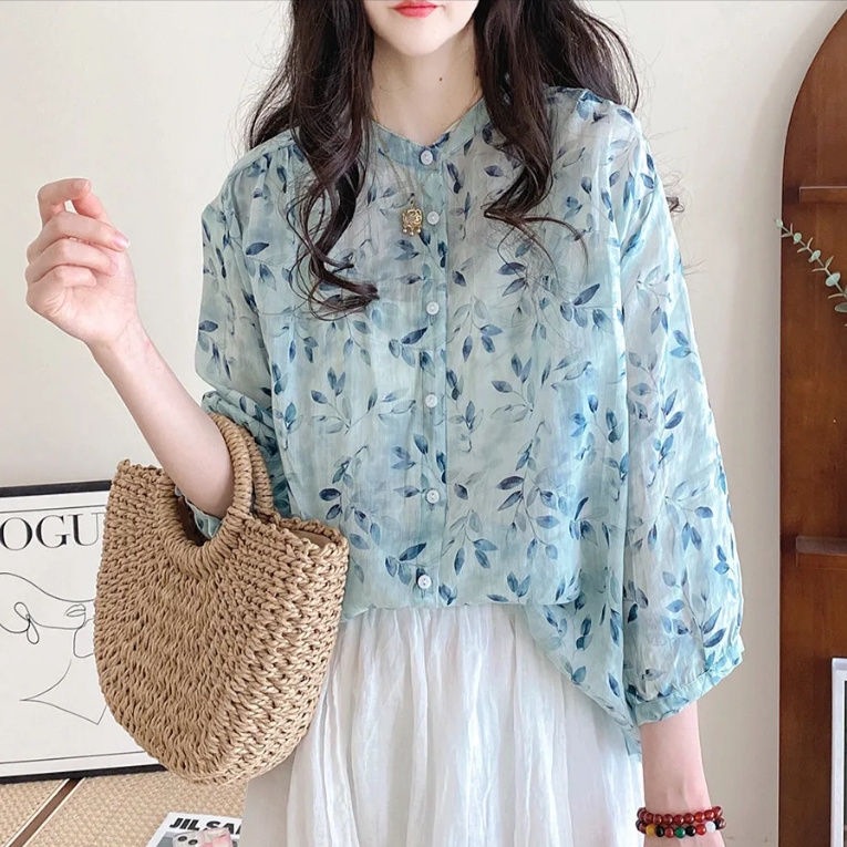 シフォンプリーツ七分袖花柄ゆったりレトロブラウス