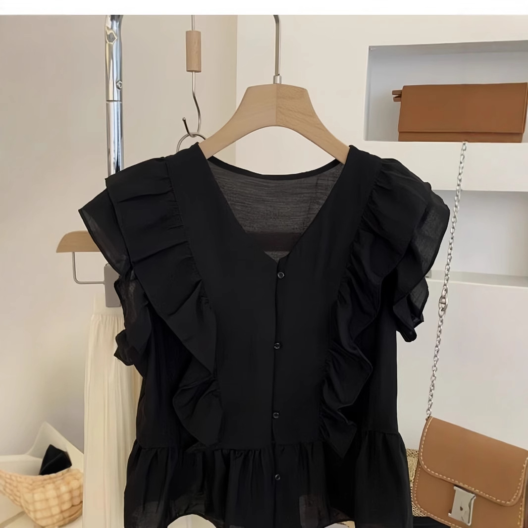 フリルVネックショート丈シフォンブラウス