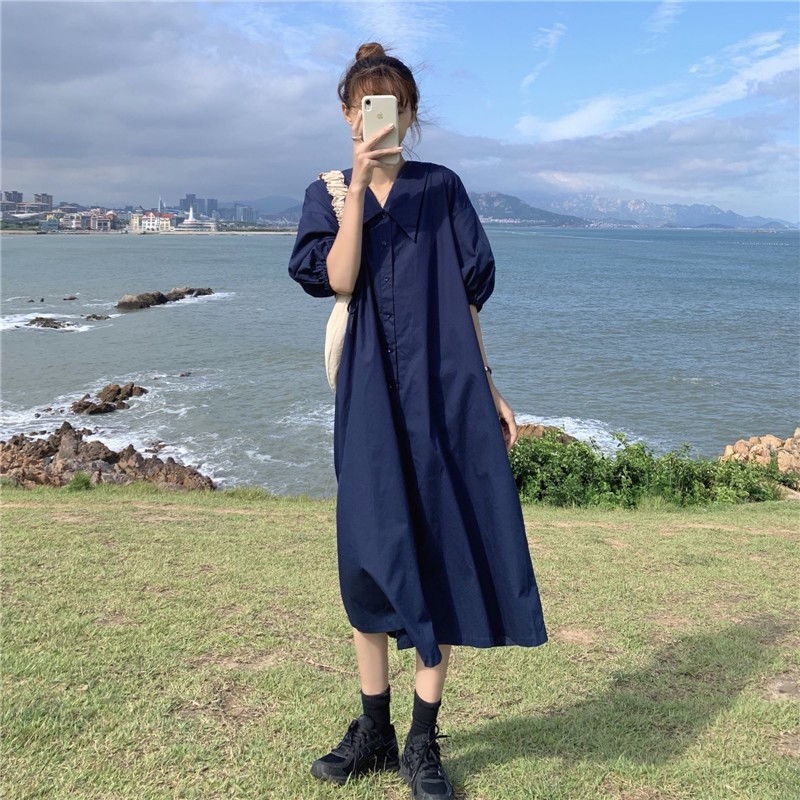 大きいサイズゆったり泡袖ロングシャツワンピース
