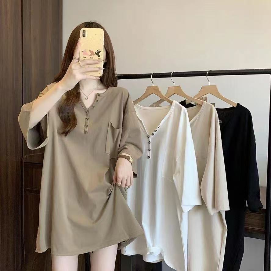 Vネック半袖Tシャツ 大きいサイズ お尻をカバー ゆったりトップス