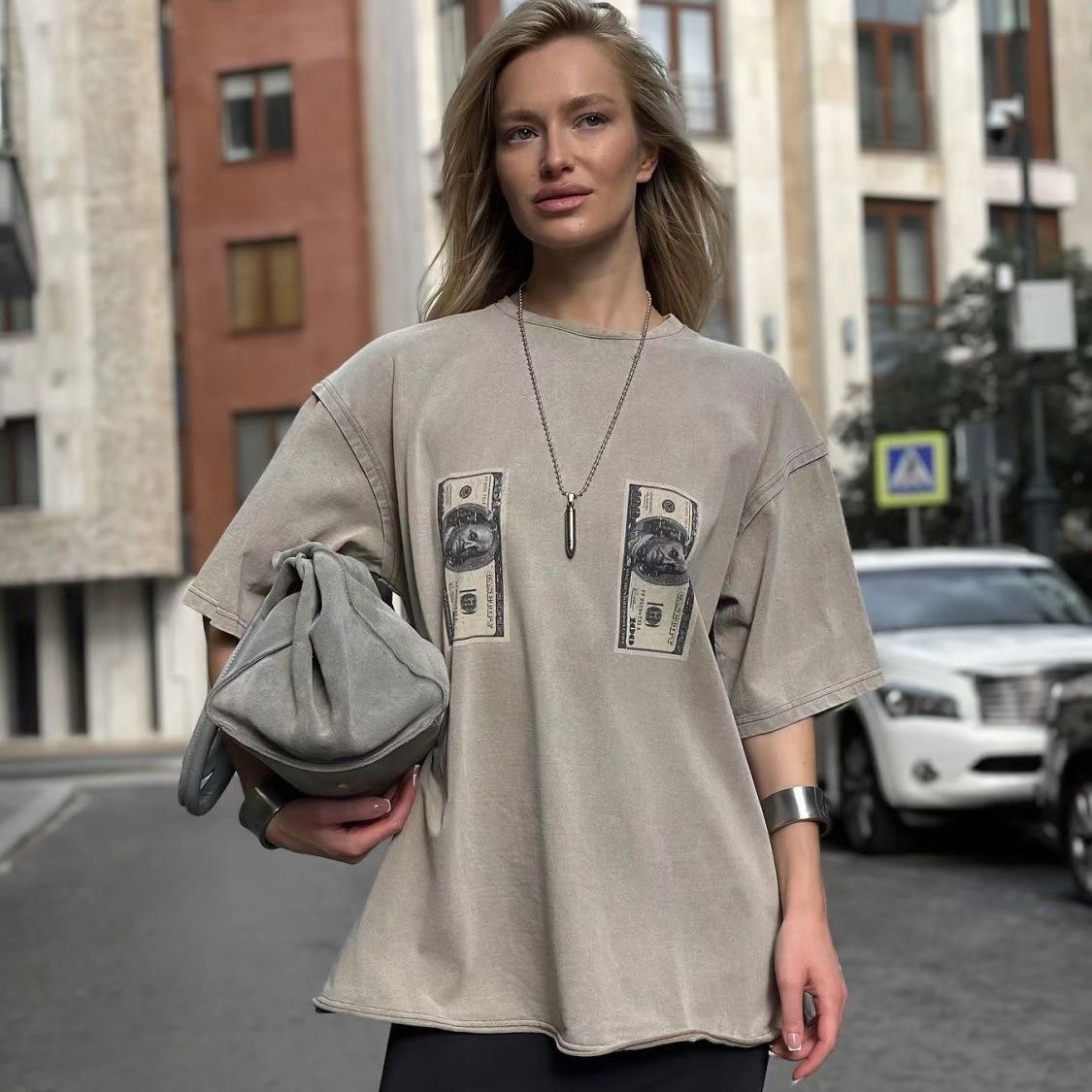 ドル紙幣プリント入り デザイン性のあるゆったり半袖Tシャツ