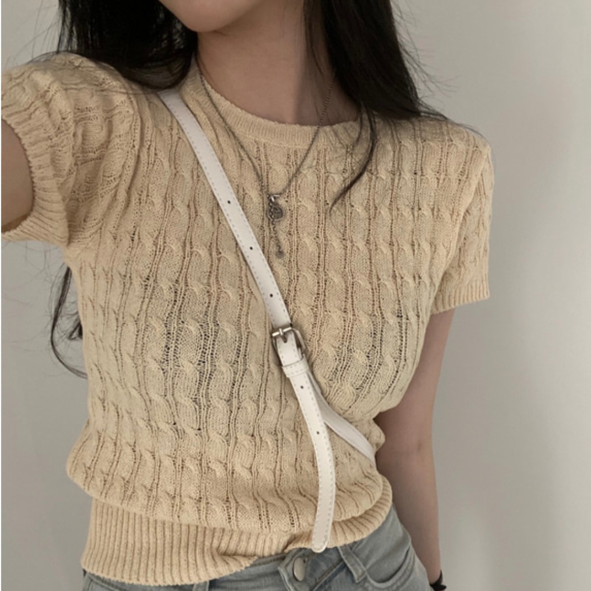 マカロンカラー ケーブル編み 冷感素材 ニットTシャツ