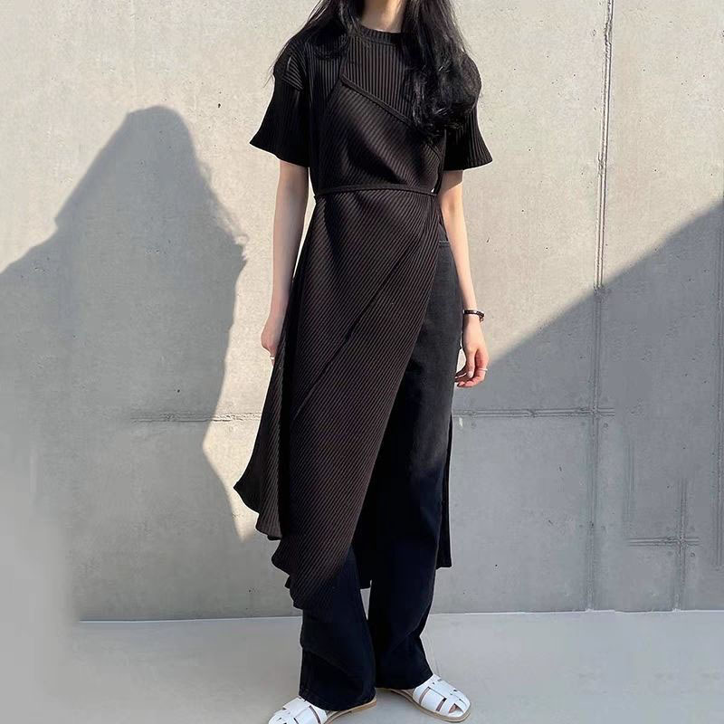 多様な着こなし 丸首切替フェイクレイヤード リブスリット ロングワンピース