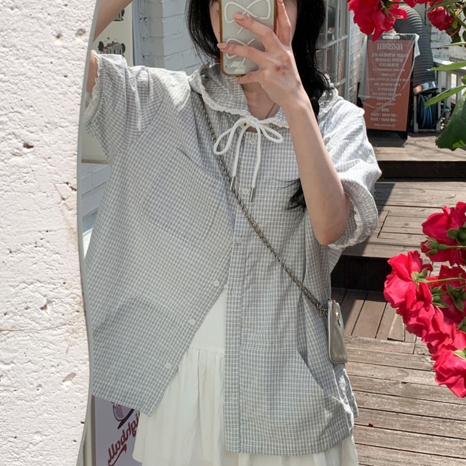 レーストリム フード付き チェック柄 半袖シャツ