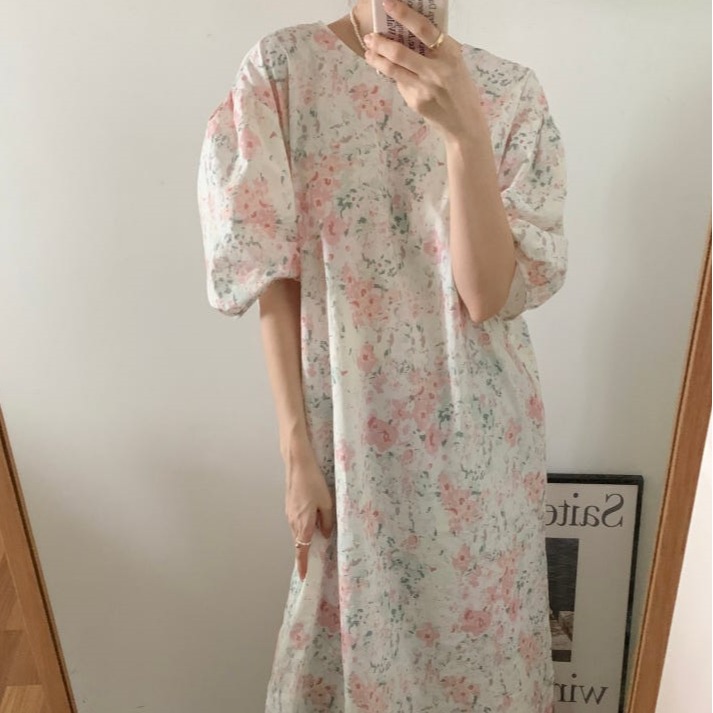 前後2way着用 ぼかし柄パフスリーブワンピース