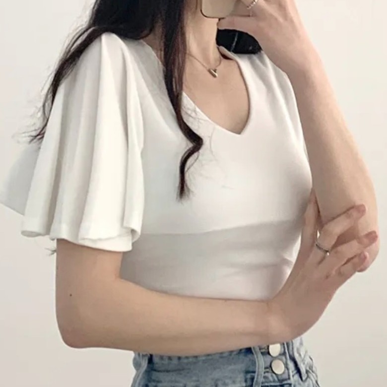 シンプル無地 Vネック フレアスリーブ 半袖Tシャツ