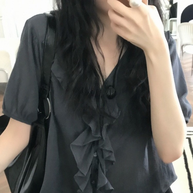 フリルVネック パフスリーブ シフォンブラウス