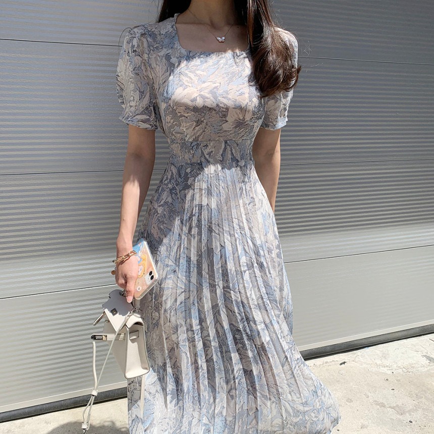 フラワープリント シフォン ギャザー入り ロングワンピース