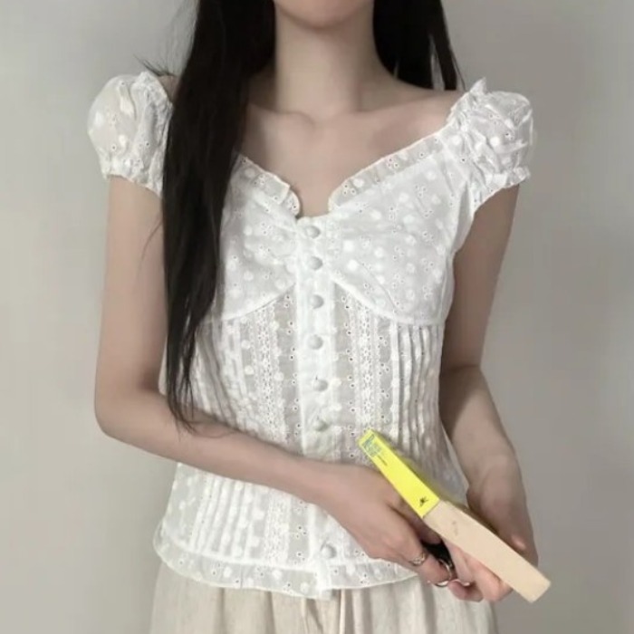 ボタン付き レースフリル入り シフォンギャザー Vネック オフショルダートップス