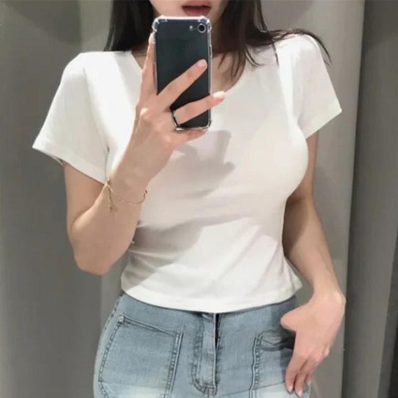 Uネック ウエストマーク スリムフィット 半袖Tシャツ