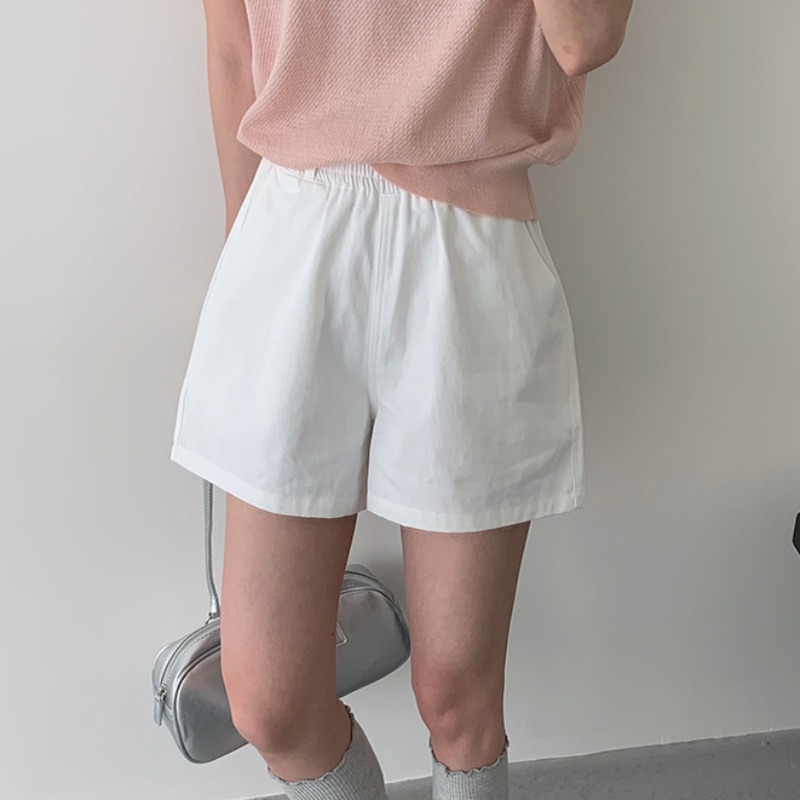 コットン素材 ホワイト ハイウエスト ワイドレッグ ショートパンツ