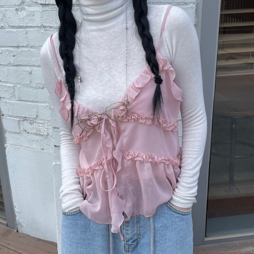 フリルストラップ シフォンリボン シャツ