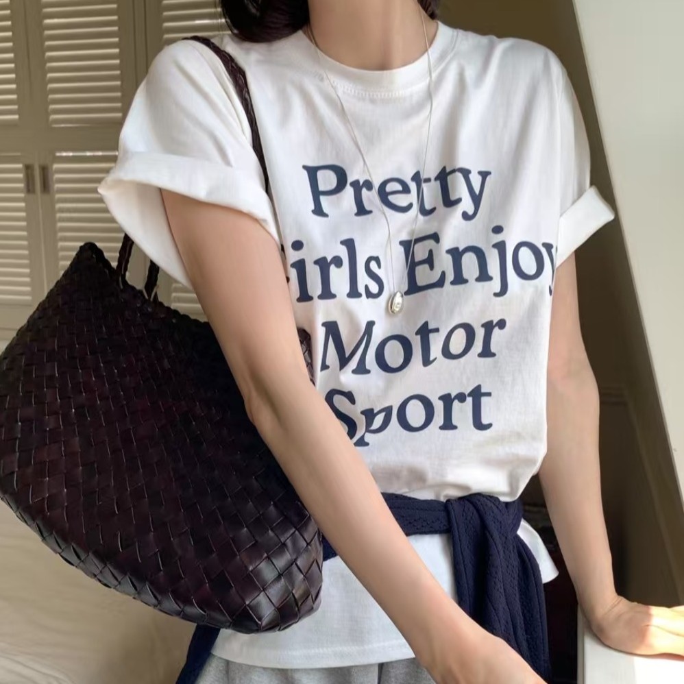 クルーネック 配色ロゴプリント ゆったり コットン 半袖Tシャツ