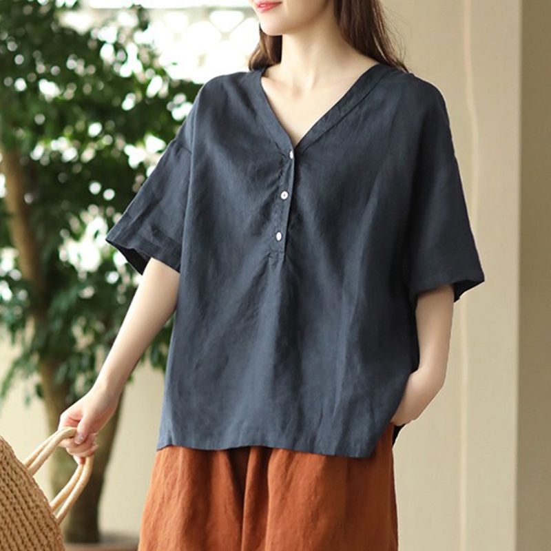 コットンVネック 綿麻シャツ 半袖Tシャツ