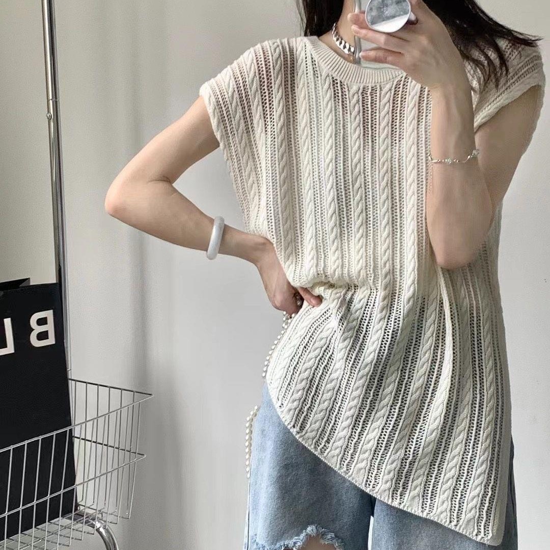 麻調ケーブル編み サイドスリット入り ニットカーディガン ミドル丈 透かし編みトップス