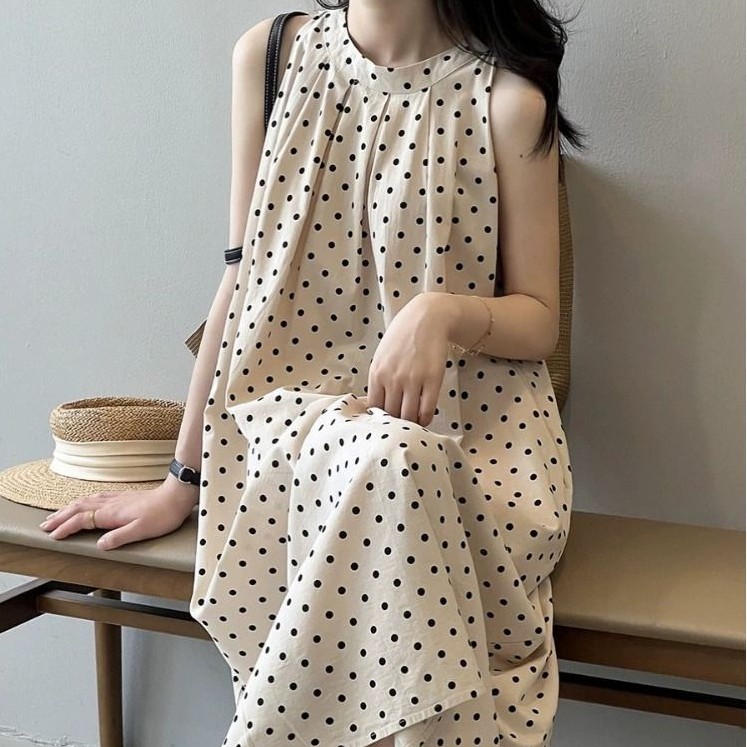 フレンチドット柄 ノースリーブTシャツワンピース 大きいサイズ ゆったり 着痩せ マタニティ対応