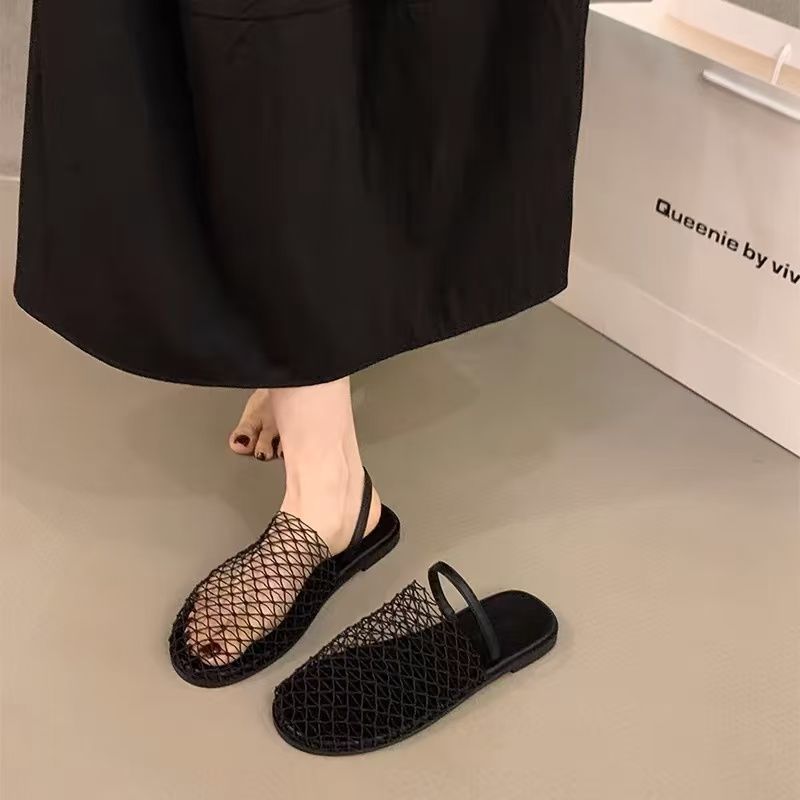 メッシュ編み オープントゥ スリッパ フラットサンダル