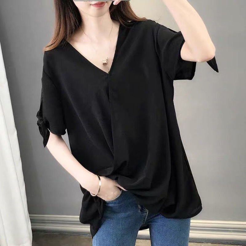 大きいサイズ Vネック シフォンブラウス 半袖Tシャツ