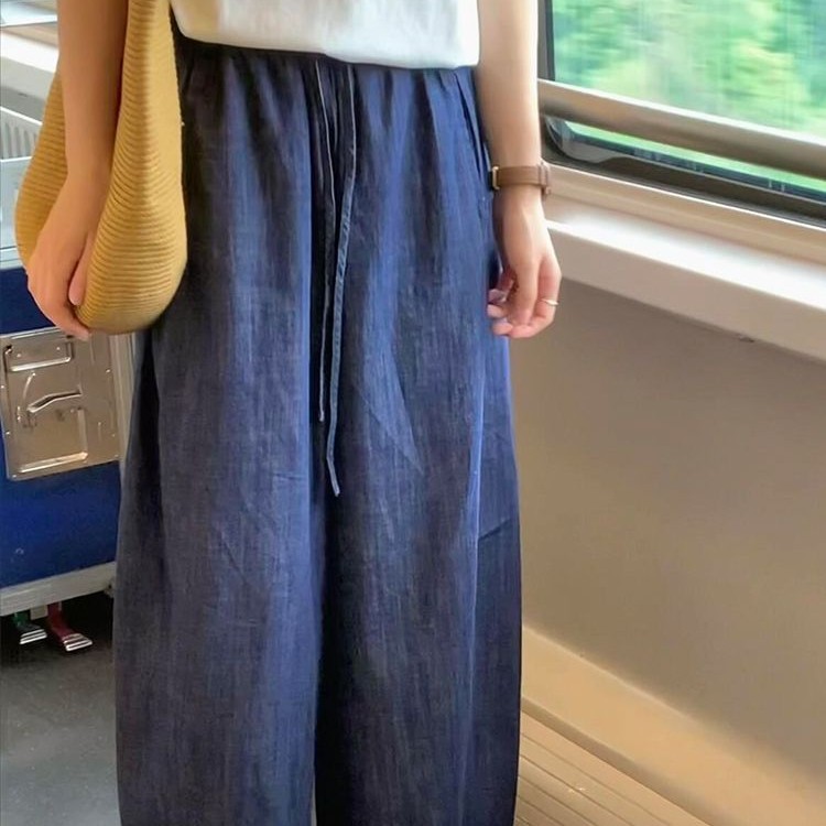 ブルー ゆったりワイドシルエット デニムパンツ
